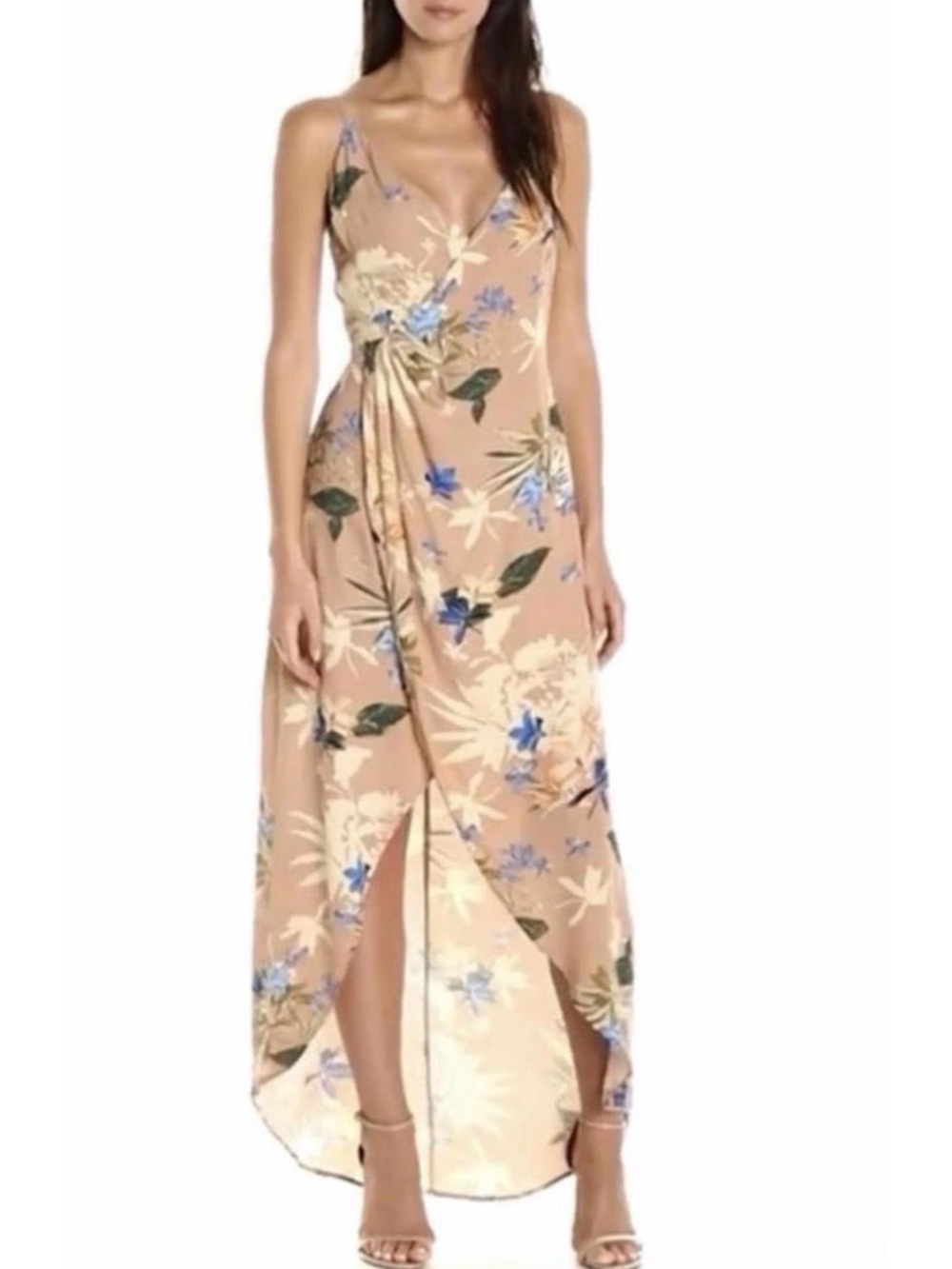 Astr Tan Floral Maxi Dress with Blue and Green Print